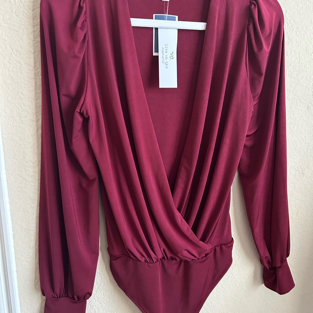 Elegant Burgundy Deep V-Neck Bodysuit